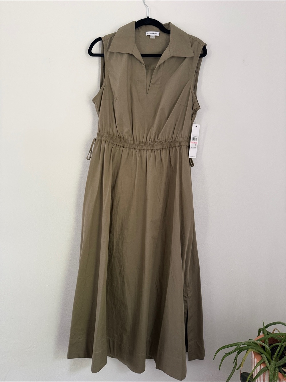 Calvin Klein Sleeveless Collared Midi Dress in Olive